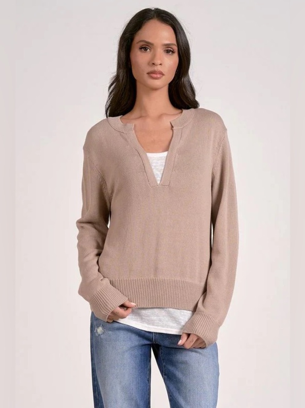Women’s Beige V-Neck Cotton Sweater